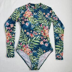 AXESEA Rash Guard Swimsuit Womens 6 Blue Tropical Floral One Piece Lined Stretch